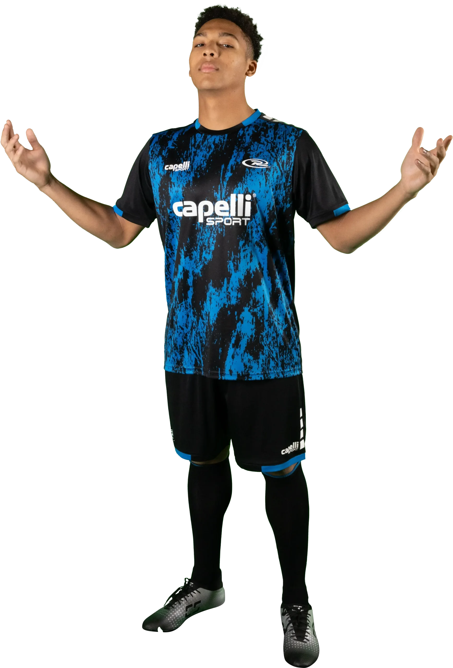 A person wearing a blue and black Rush Soccer Select jersey and black shorts, arms raised with palms facing up, standing on a plain background.